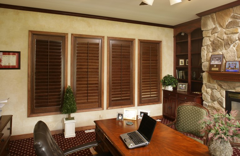 Wooden plantation shutters in a Clearwater home office